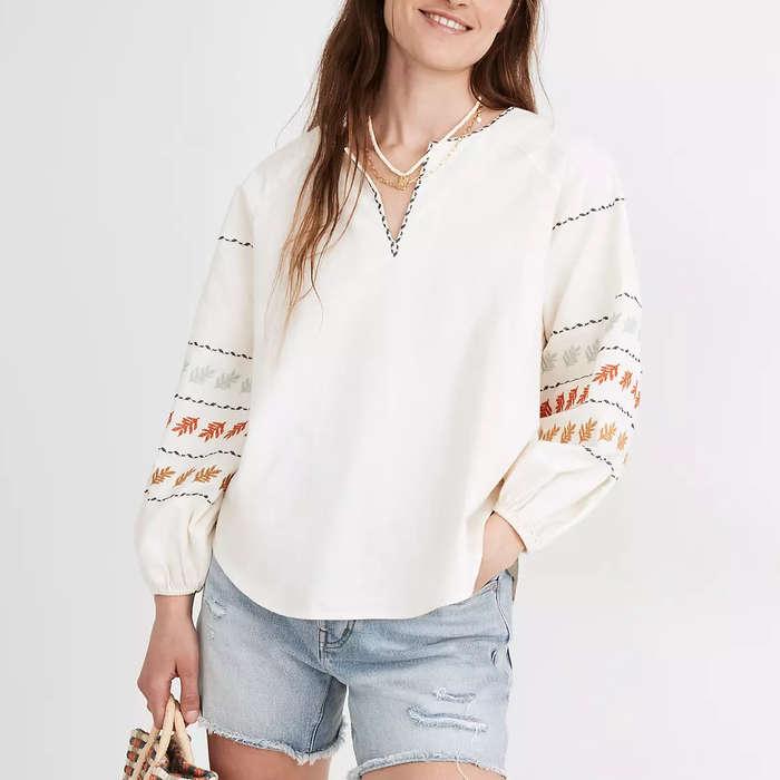 Madewell Embroidered-Sleeve Popover Top