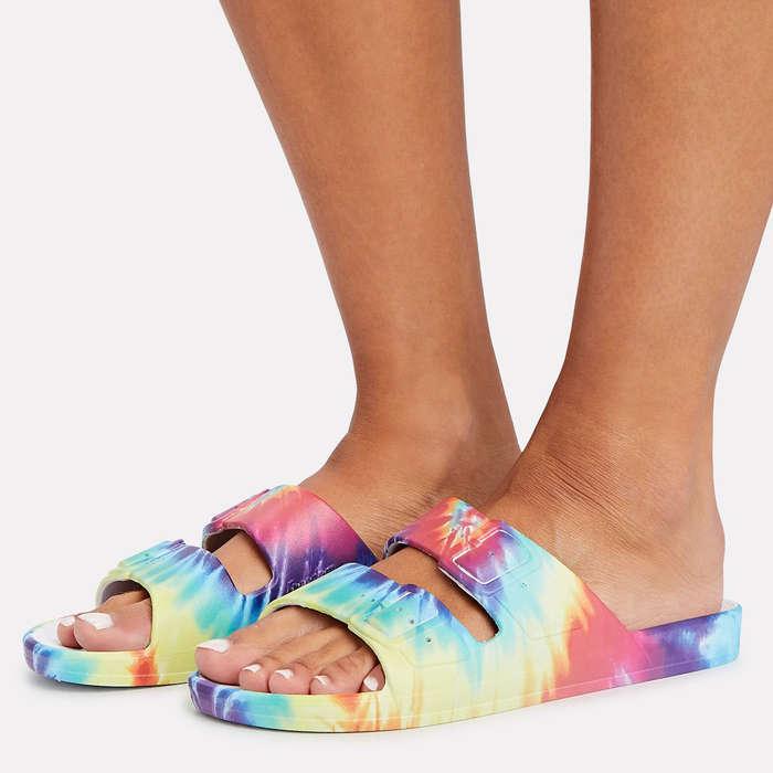 Freedom Moses Double Strap Slide Sandals In Rainbow Tie-Dye