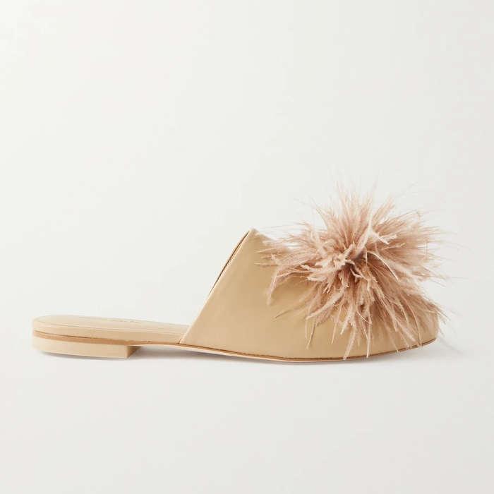 Cult Gaia Ray Feather-Trimmed Leather Slippers