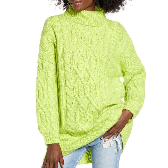 Moon River Oversized Neon Cable Turtleneck Sweater