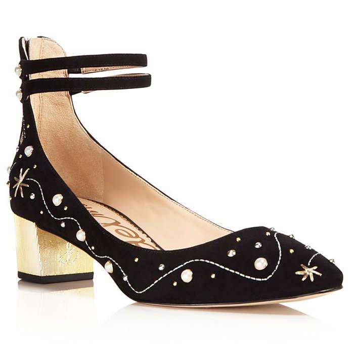 Sam Edelman Lucien Embroidered Pearl Stud Ankle Strap Pumps