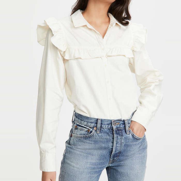 Free People Samantha Ruffle Button Down Shirt