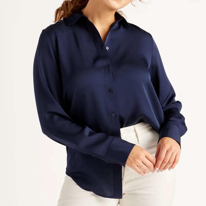 Quince Washable Stretch Silk Notch Collar Blouse