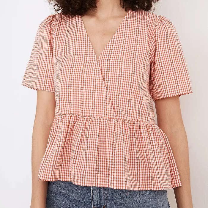 Madewell Crossover Peplum Top In Textured Gingham Check