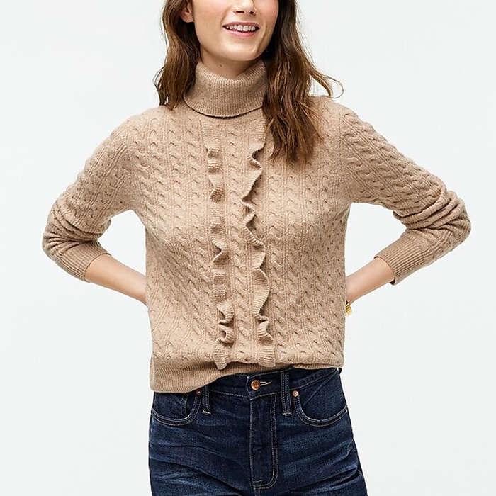 J.Crew Ruffle Front Cable-Knit Turtleneck Sweater In Supersoft Yarn