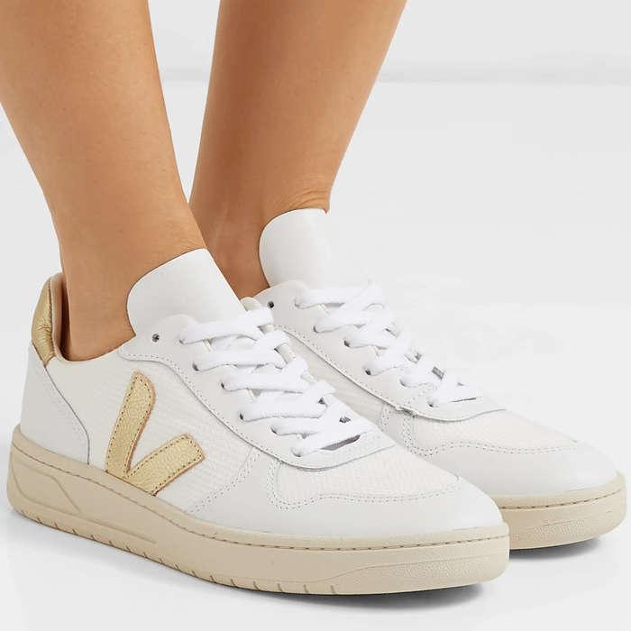 Veja V-10 Metallic-Trimmed Leather and Mesh Sneakers