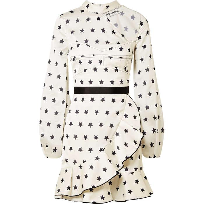 Self Portrait Cutout Ruffled Printed Satin Mini Dress