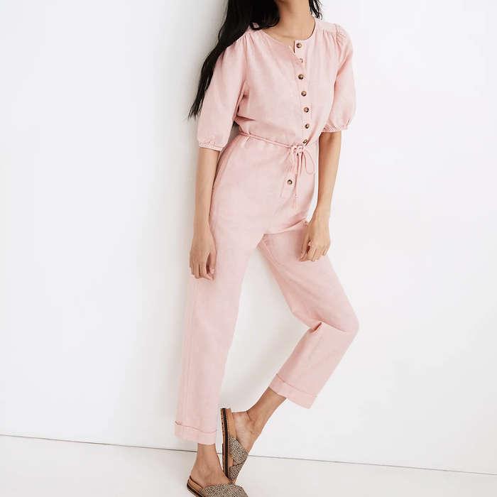 Madewell Linen-Blend Puff-Sleeve Tassel-Tie Jumpsuit