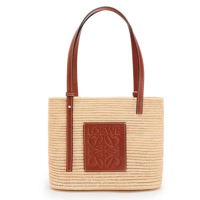 Loewe Small Square Leather-Trimmed Raffia Basket Bag