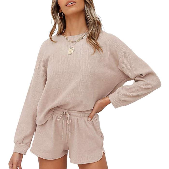 Zesica Waffle Knit Long Sleeve Top and Shorts Set