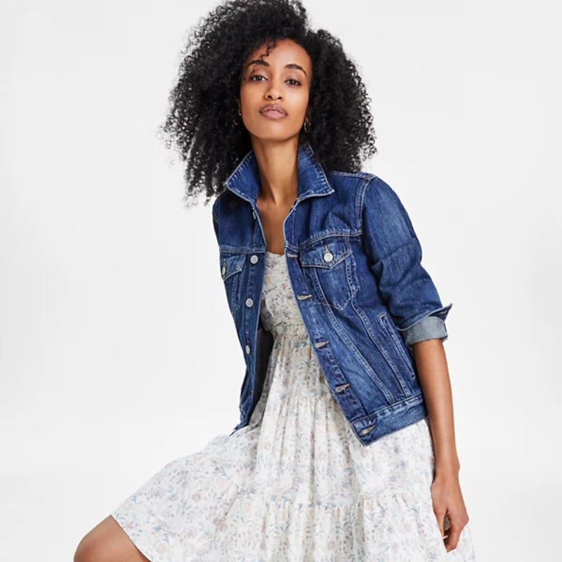 floral dress and denim jacket outfit Go to outfit recipe: 90s floral mini dress, oversized jean jacket, and Docs