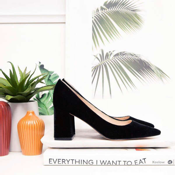 black stacked heel pumps