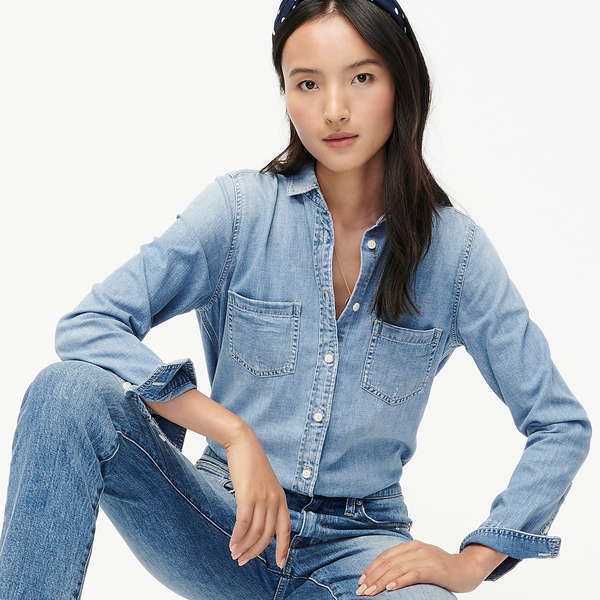 fitted stretch denim shirt womens