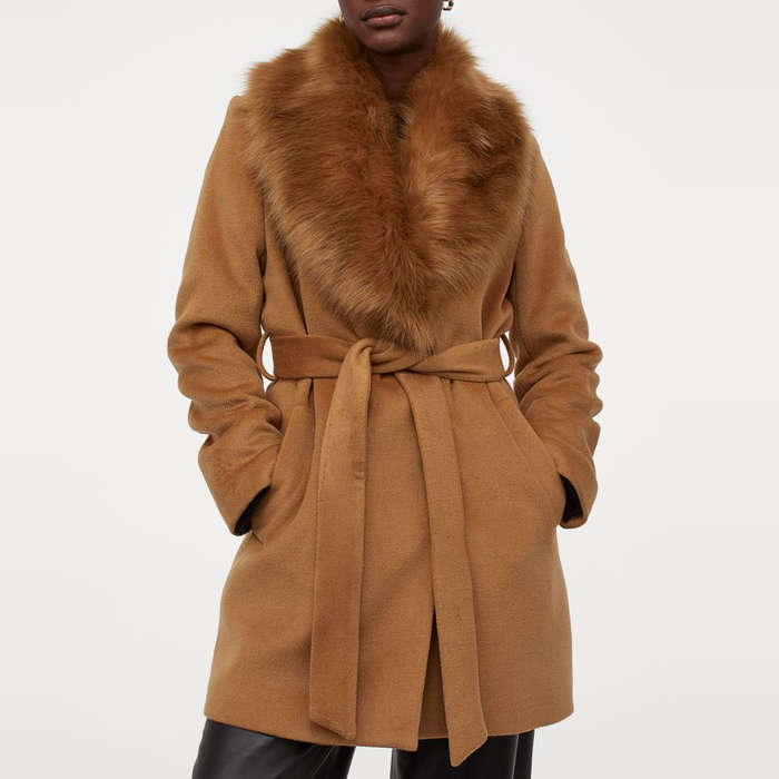 camel coat with fur