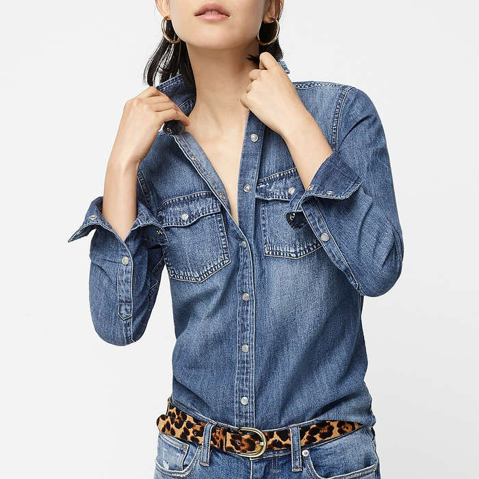 fitted stretch denim shirt womens