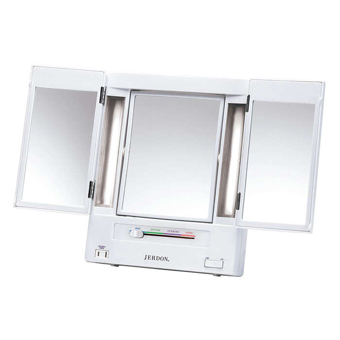 Jerdon Tri Fold Two Sided Lighted Makeup Mirror