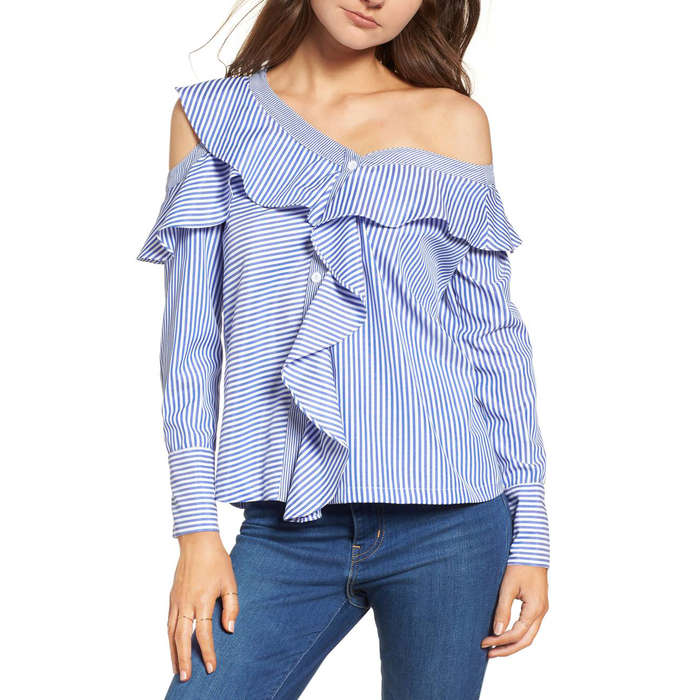 open shoulder ruffle top