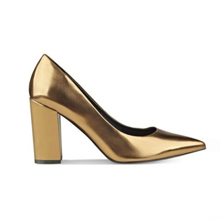 gold block heels closed toe
