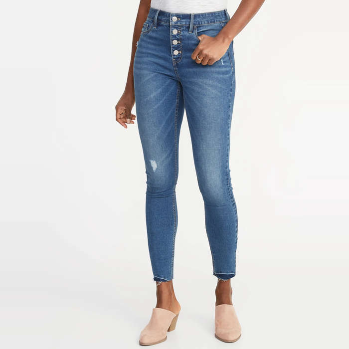 high waisted jeans with multiple buttons