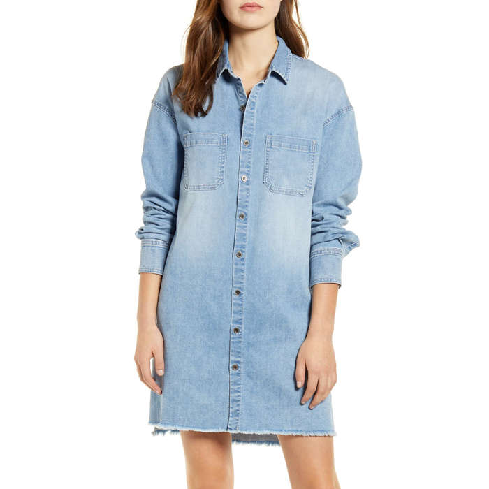 long denim dress with pockets